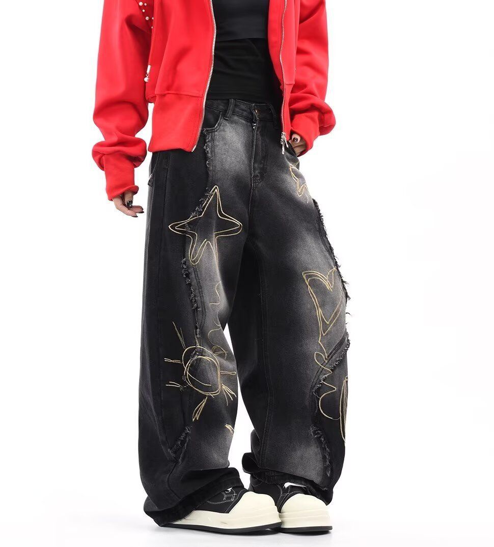 Vintage Distressed High Waist Straight Leg Jeans For Women & Men - Retro Washed Blue Denim Pants With Raw Hem Knee Rips Relaxed Fit Wide Leg Trousers_mkmklike.com