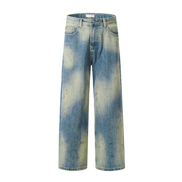 Tie-Dye Gradient Washed Jeans Men's American High Street Dirty-Dye Loose Straight-Leg Design Sense Wide-Leg Long Pants_mkmklike.com