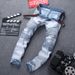 Foreign Trade European And American Street BIKER JEANS Men's Motorcycle Wrinkled Ripped Slim Fit Stretch Skinny Jeans_mkmklike.com