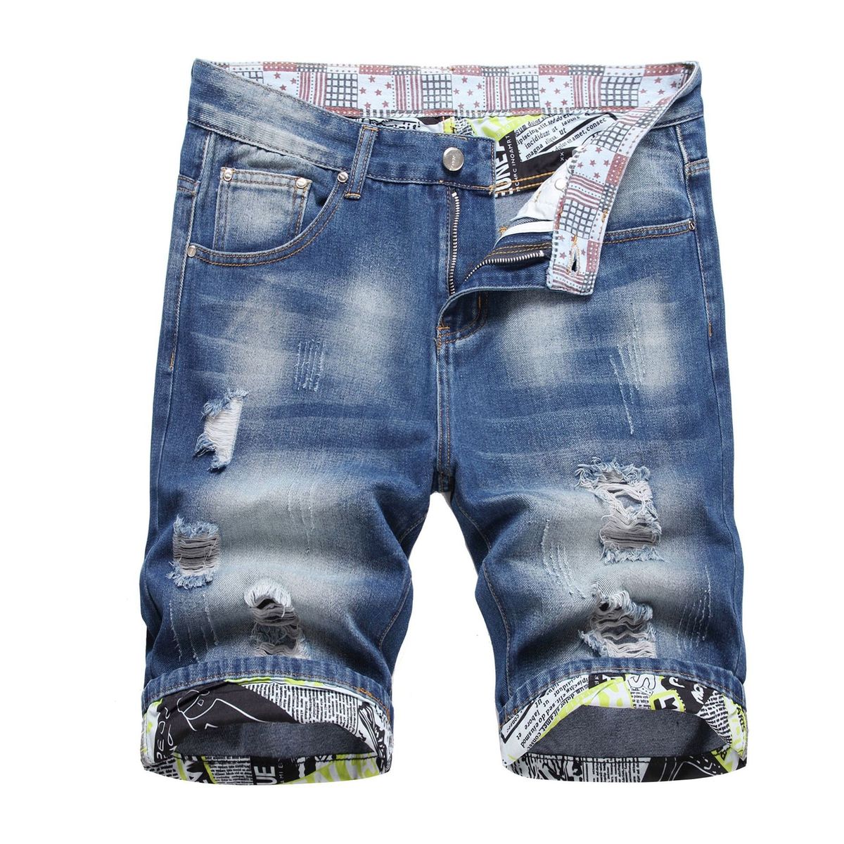 Men's Blue Distressed Ripped Denim Shorts Summer Style Trendy Versatile Straight Leg mid Length Outer Size Available_mkmklike.com
