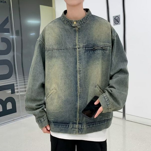 Retro And Trendy Denim Jacket For Men, Loose Fitting, Washed And Worn, Casual Cardigan, Zipper Jacket_mkmklike.com