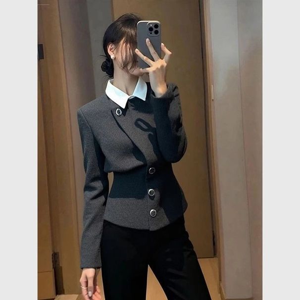 Women's Clothing Grey Faux Two-Piece Jacket - Elegant Velvet Blazer, Chic Tweed Style (S-2XL)_mkmklike.com