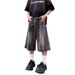 Vintage Washed Lightning Bolt Denim Shorts - Unisex Baggy 7/10 Length Jeans For Summer (Black/Blue, Sizes S-3xl)_mkmklike.com