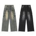 Men's Vintage Washed Distressed Jeans - Streetwear Casual Denim Pants With Multiple Pockets, Mid-Rise, Relaxed Fit, Straight Leg (Black, Blue)_mkmklike.com