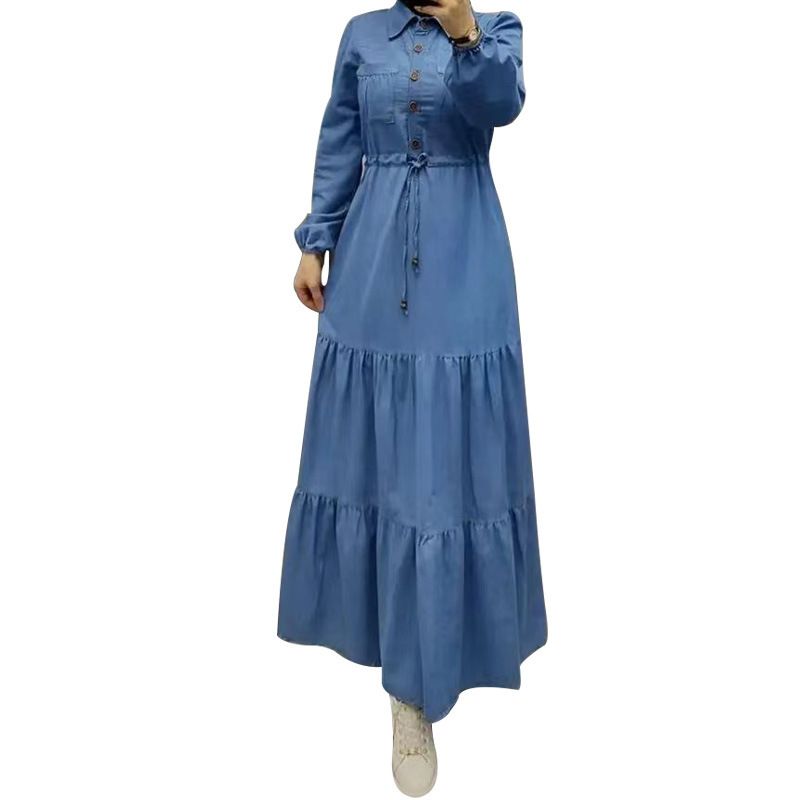Women's Blue Patchwork Maxi Dress Dubai Turkish Clothing Fashionable Elegant Denim Dress_mkmklike.com
