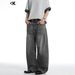 Unisex Straight Leg Whiskered Jeans Clean Fit Loose Versatile Wide Leg Pants Midweight Cotton Black Washed Distressed 11KN_mkmklike.com