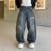 Vintage Washed Distressed Denim Jeans For Men - Relaxed Straight Leg With Graffiti & Patch Details_mkmklike.com