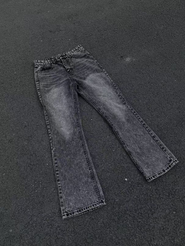 Black & Gray Cleanfit Flared Jeans 517 Self-Made Washed Distressed Snowflake Marble Pattern mid Waist Straight Pants_mkmklike.com