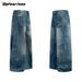 Vintage Washed Distressed Men's Loose Wide Leg Jeans, Retro High Waist Denim Trousers For Casual Streetwear_mkmklike.com