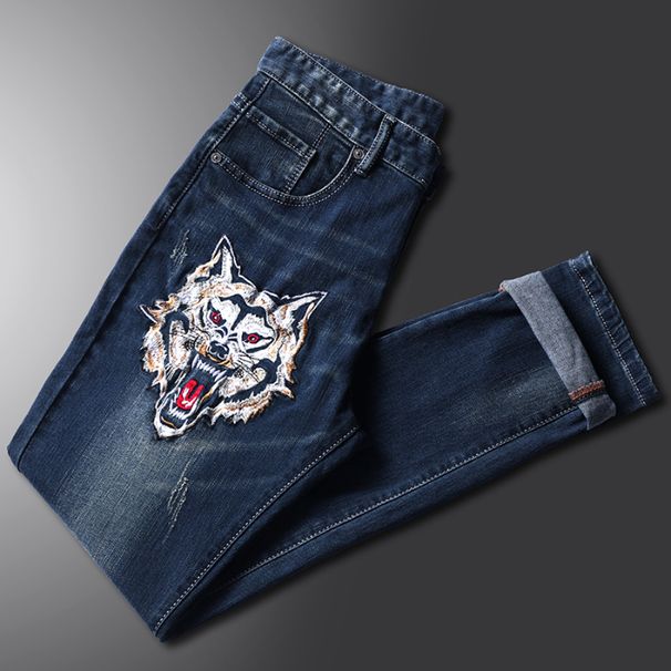 Chinese Style Animal Wolf Embroidery Jeans Men's Slim Fit Trendy Brand Elastic Denim Pants Versatile Daily Wear 50-135KG Can Be Worn_mkmklike.com