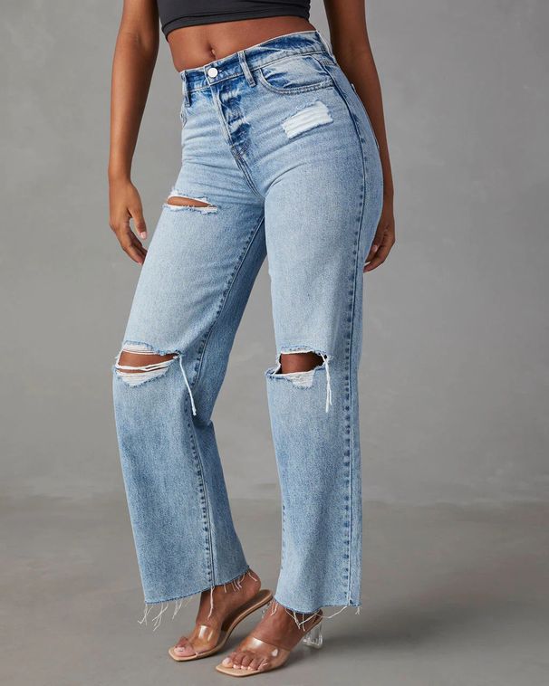 Women's Clothing Casual Washed Women's Straight Pants Raw Edge High Waist Jeans_mkmklike.com