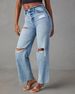 Women's Clothing Casual Washed Women's Straight Pants Raw Edge High Waist Jeans_mkmklike.com