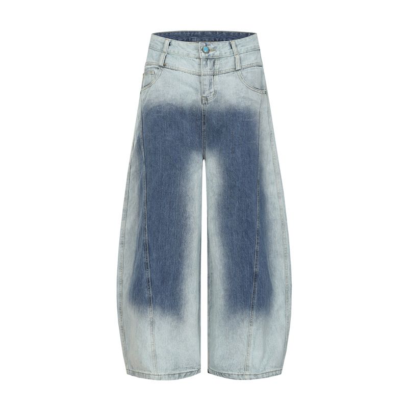 Men's Trendy Retro American Double Waistband Jeans Gradient Washed Relaxed Fit Loose Wide Leg Trousers Casual Cotton Jeans_mkmklike.com