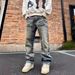 Men's Clothing Spring Street All Match Slightly Loose Straight Casual Washed Distressed Denim Trousers_mkmklike.com
