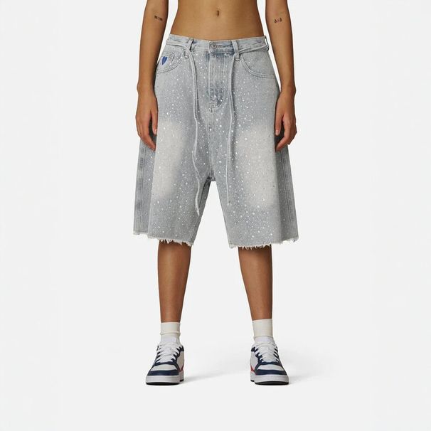 Unisex American Retro Washed Frayed Rhinestone Denim Shorts Y2K Style Loose Fit Versatile Five Point Shorts_mkmklike.com