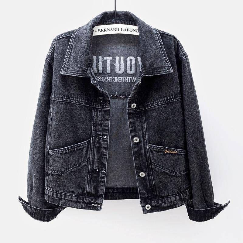 Women’s Korean Style Light Wash Denim Jacket – Loose Fit Embroidered Short Coat (Bluish/Black, S-5XL)_mkmklike.com