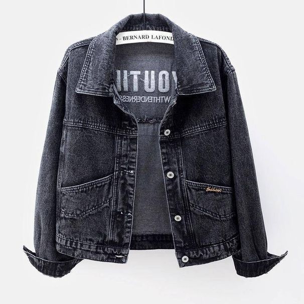 Women’s Korean Style Light Wash Denim Jacket – Loose Fit Embroidered Short Coat (Bluish/Black, S-5XL)_mkmklike.com
