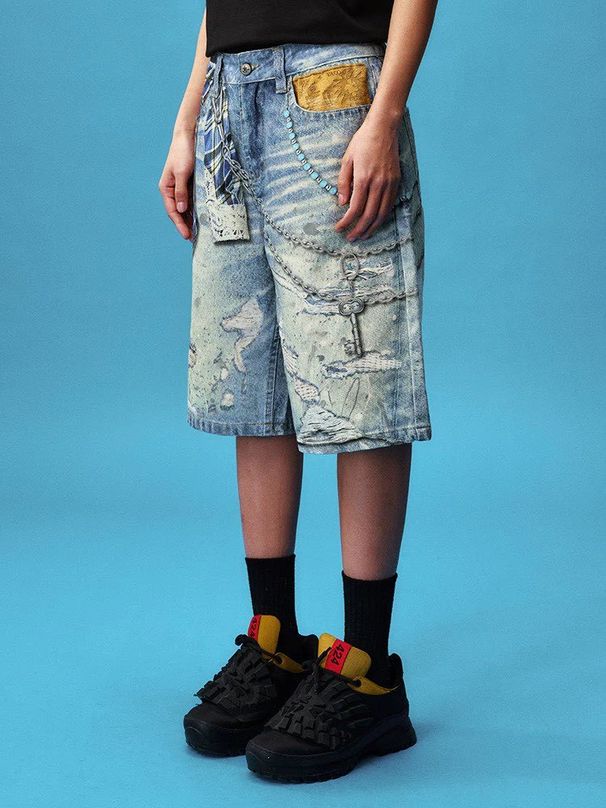 Men's Clothing Men's Plaid Shirt Chain Print Denim Shorts Street Casual Cropped Jeans Harajuku Style For Formal & Casual_mkmklike.com
