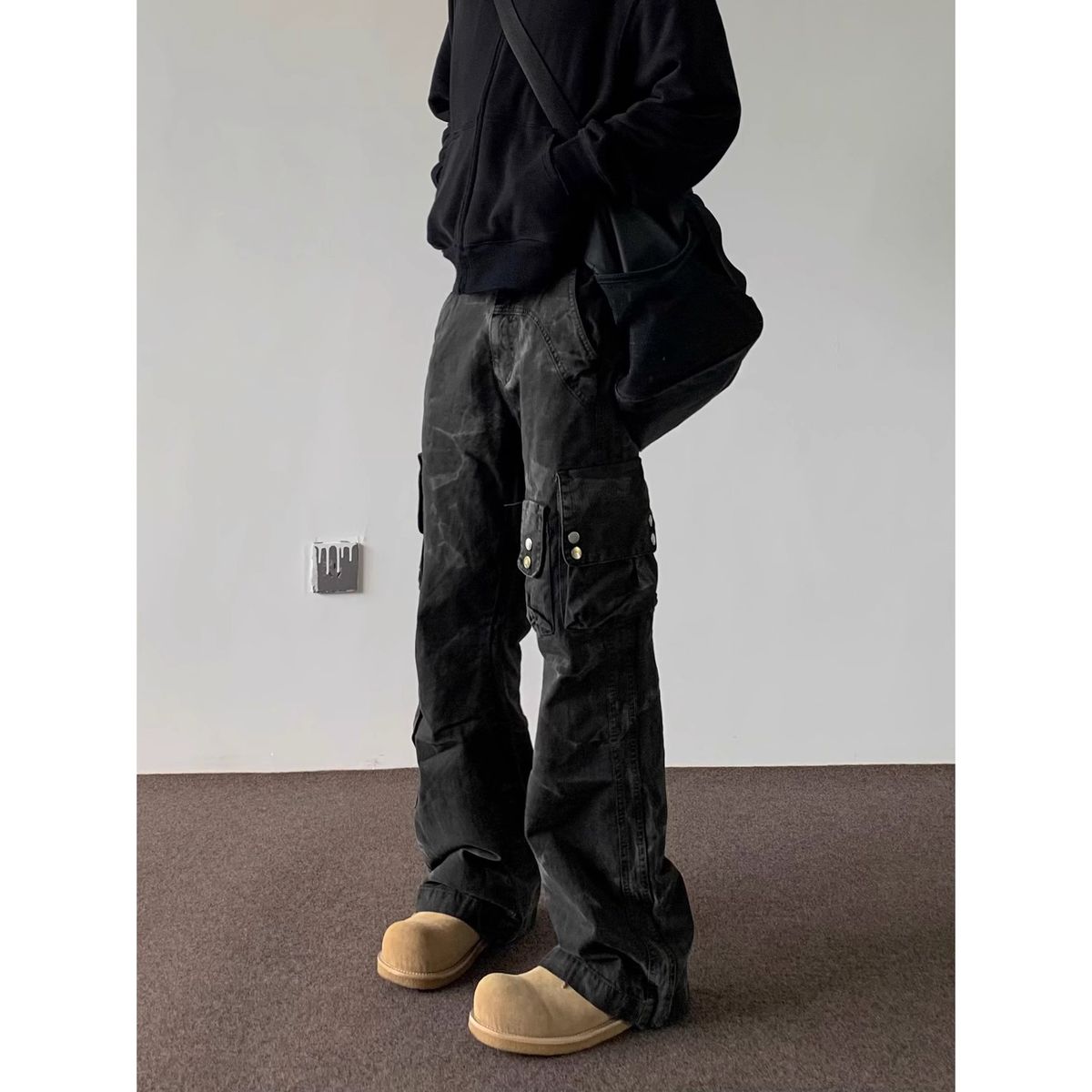Men's Trendy Multi-Pocket Cargo Jeans Loose Straight Leg High Street Style Tie Dye Design_mkmklike.com
