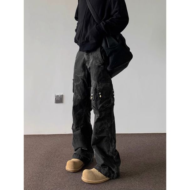 Men's Trendy Multi-Pocket Cargo Jeans Loose Straight Leg High Street Style Tie Dye Design_mkmklike.com