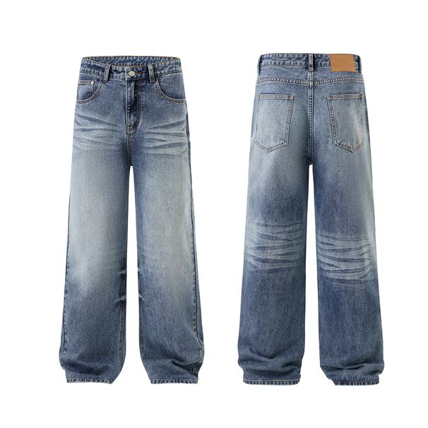 Men's Vintage Washed Ice Blue High Street Straight Jeans | Clean Fit Denim Pants | Retro Distressed Style | Comfortable Cotton Blend_mkmklike.com