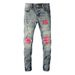 High Street American Trendy Brand Ripped Patch Jeans Men's Retro Elastic Slim High Street Jeans Men's Clothing 6806_mkmklike.com