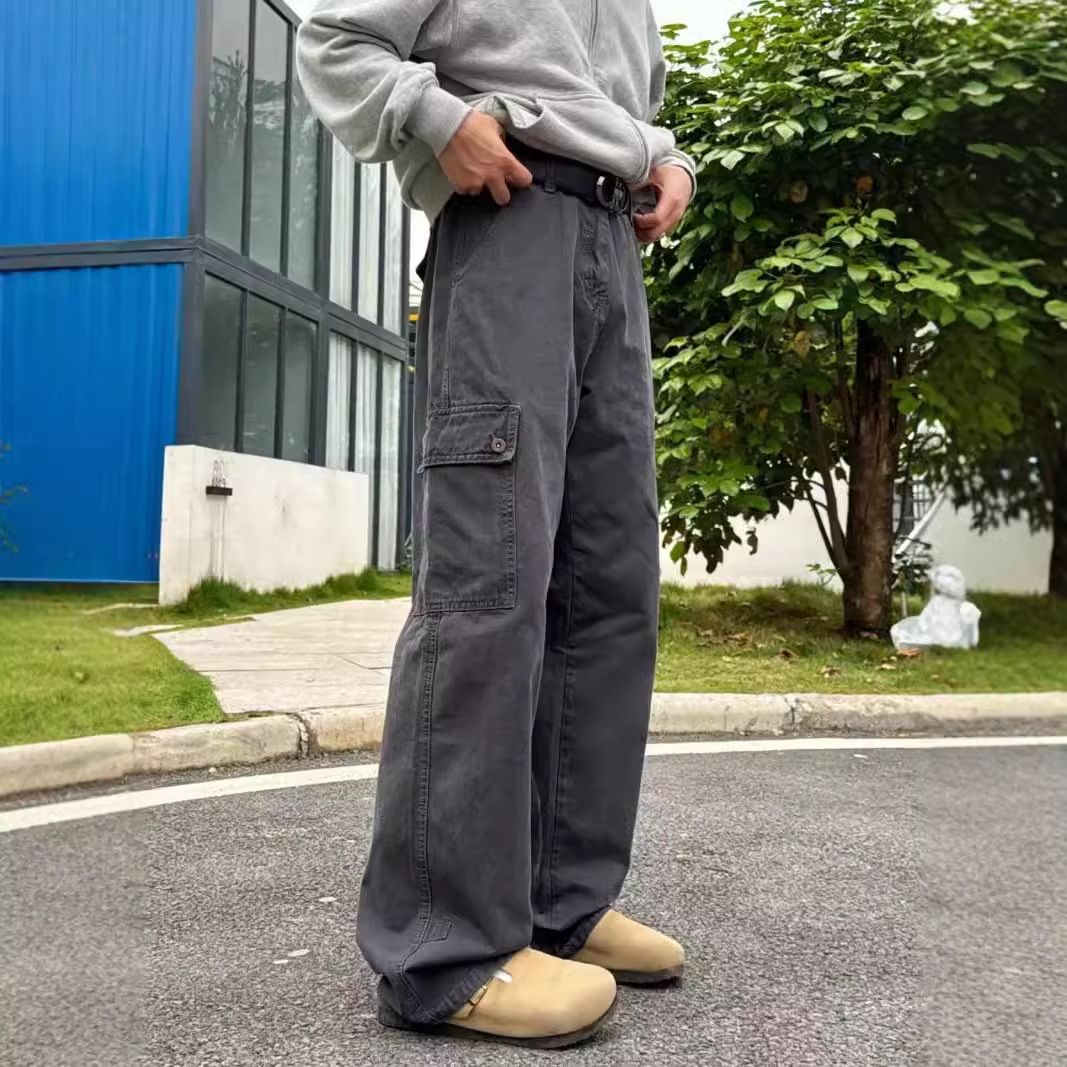 American High Street Pocket Gray Cargo Men Straight Jeans Long Trendy Loose Wide Leg Casual Pants Unisex_mkmklike.com