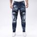 Men's High-Street Patchwork Jeans – Slim-Fit Stretch Denim Pants With Contrast Panels (S-2XL, Mid-Rise, Washed Blue/Black)_mkmklike.com