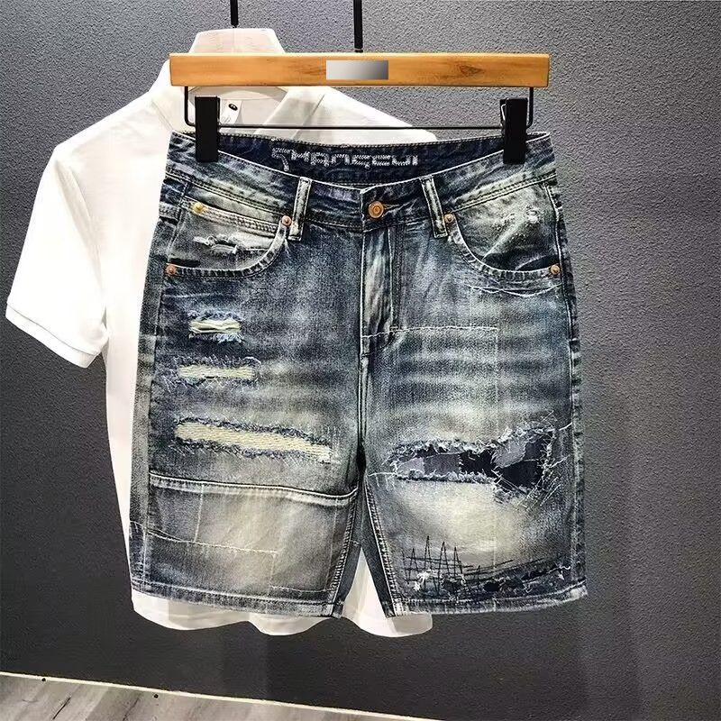 Men's Clothing Summer Thin Fashion Ripped Patch Denim Shorts Men's Trendy Brand All Match Cat Whisker Distressed Beggar Five Point Pants_mkmklike.com