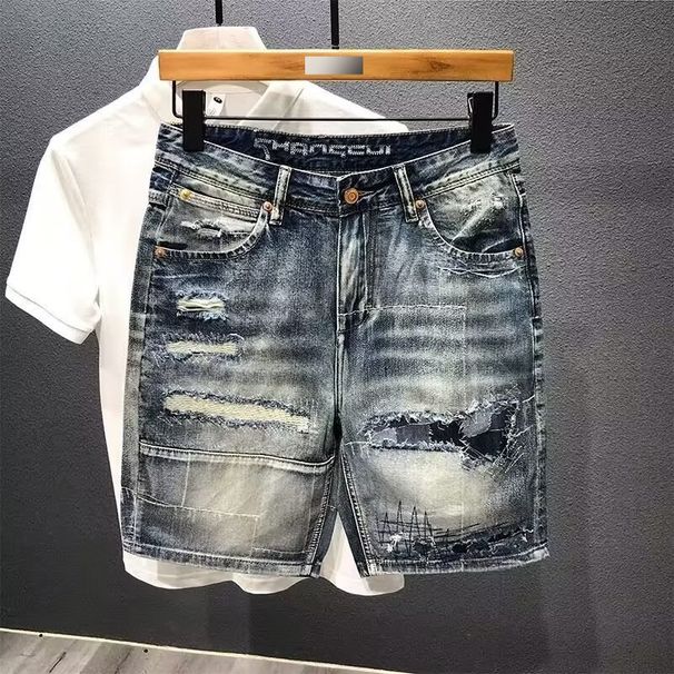 Men's Clothing Summer Thin Fashion Ripped Patch Denim Shorts Men's Trendy Brand All Match Cat Whisker Distressed Beggar Five Point Pants_mkmklike.com