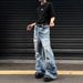 Men's High Street Vintage Distressed Washed Blue Jeans With Cat Whiskers & Frayed Hem - Slim Bootcut Stretch Denim Pants For Summer Casual Wear_mkmklike.com
