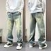 Men's Retro Washed Distressed Wide Leg Jeans Loose Straight Fit Curved For Spring And Autumn_mkmklike.com