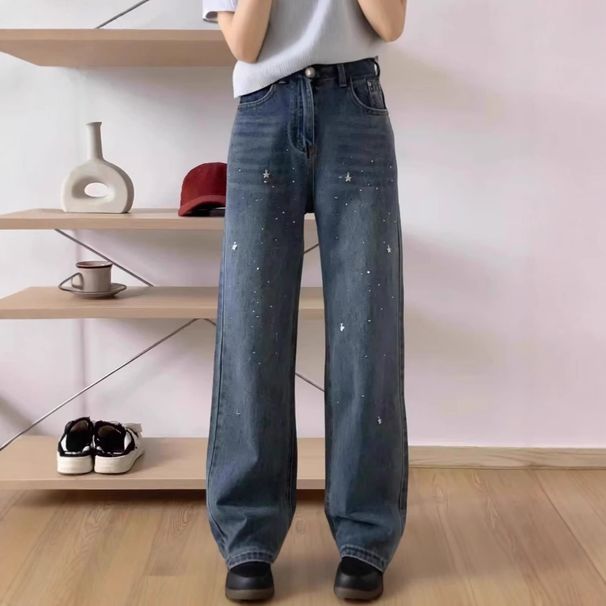 Sparkling Galaxy Blue Flared Jeans For Women - Glitter Narrow Wide Leg Trousers With High Waist & Rhinestone Details_mkmklike.com