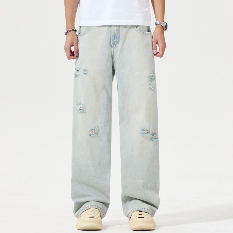 Pure Muqiu Clothing | 2025 Spring New Trendy American Style Washed Ripped Jeans Men's Loose Straight Long Pants_mkmklike.com