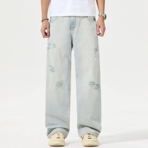 Pure Muqiu Clothing | 2025 Spring New Trendy American Style Washed Ripped Jeans Men's Loose Straight Long Pants_mkmklike.com