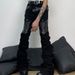 Street Punk Patchwork Flared Jeans – Unisex High-Waisted Cropped Trousers With Leather Accents, Y2K & Grunge Style (Black/Grey, S-3XL)_mkmklike.com