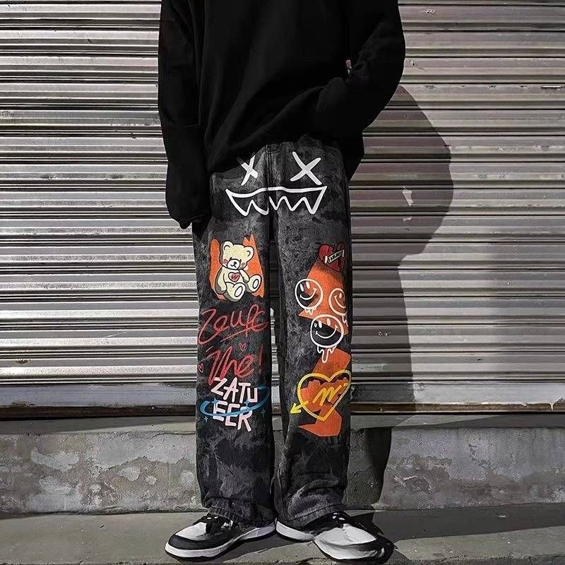 Men's Clothing Dark High Street Style Ins Graffiti Cartoon Print Daddy Jeans Men's Trendy Brand Hip Hop Loose Drape Trousers_mkmklike.com