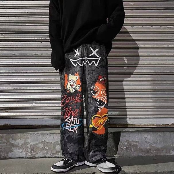 Men's Clothing Dark High Street Style Ins Graffiti Cartoon Print Daddy Jeans Men's Trendy Brand Hip Hop Loose Drape Trousers_mkmklike.com