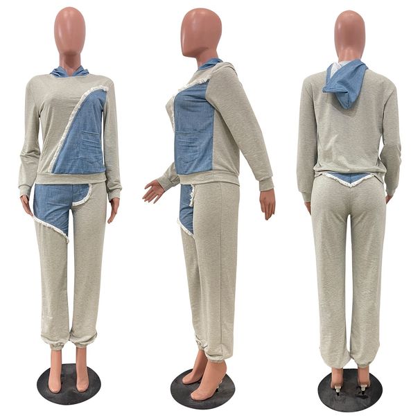 Women's Clothing Stylish And Slim, Denim Splicing, Contrasting Colors, Casual Straight Pants, Popular Two Piece Suits_mkmklike.com