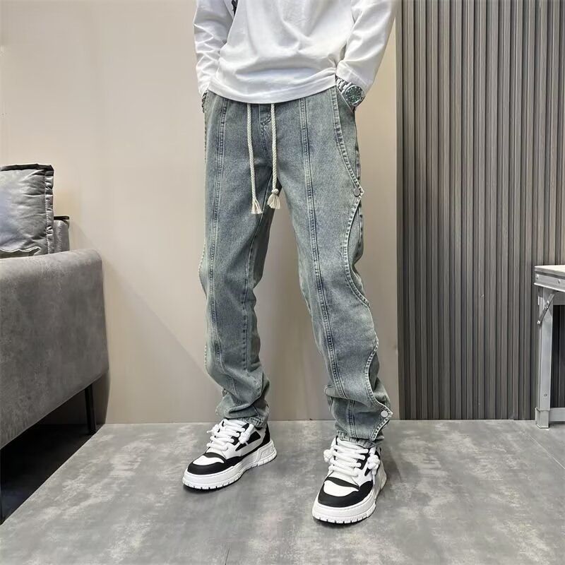 Men's Casual Washed Blue Jeans With Elastic Waist & Straight Leg - Comfortable Retro Style Loose Fit Trousers For Everyday Wear_mkmklike.com
