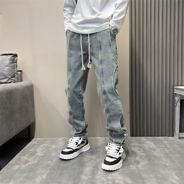 Men's Casual Washed Blue Jeans With Elastic Waist & Straight Leg - Comfortable Retro Style Loose Fit Trousers For Everyday Wear_mkmklike.com