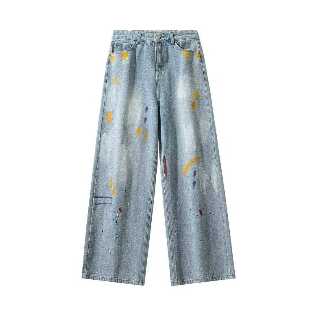 Men's Distressed Splatter Paint Jeans – Vintage-Inspired Streetwear Baggy Denim Pants, Oversized Straight-Leg With Artistic Graffiti Wash_mkmklike.com