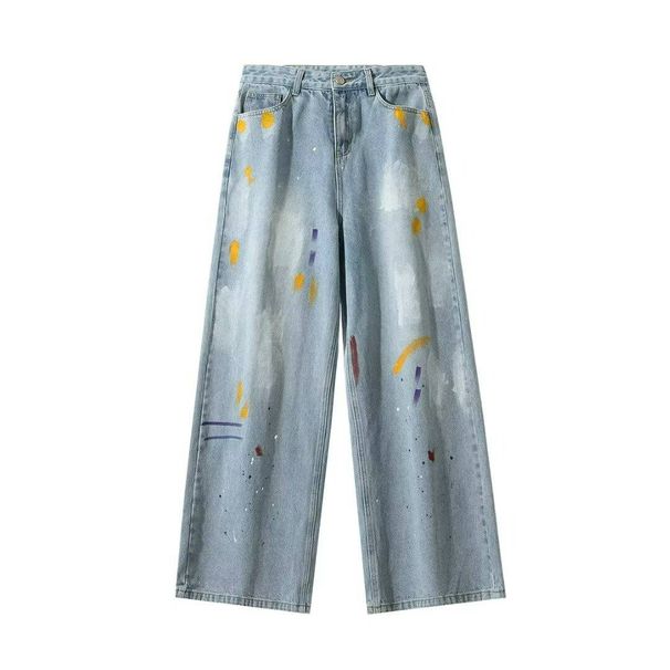 Men's Distressed Splatter Paint Jeans – Vintage-Inspired Streetwear Baggy Denim Pants, Oversized Straight-Leg With Artistic Graffiti Wash_mkmklike.com