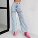 "Distressed High-Waisted Straight Leg Jeans For Women - Vintage Washed Denim With Chain Detail, Stretch Comfort (Light Blue, S-XXL)"_mkmklike.com
