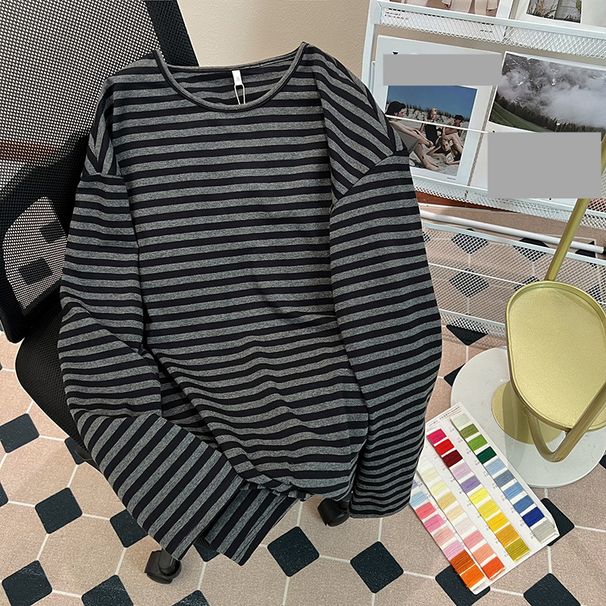 Women's Clothing shirt striped spring and autumn thin long sleeved T shirt women's medium long round neck loose large size women's clothing_mkmklike.com