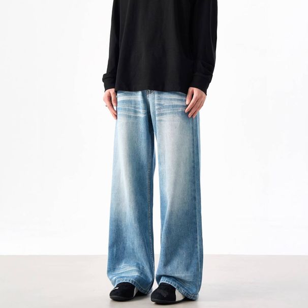 Men's Clothing Retro Washed Wide Leg Jeans Pleated Relaxed Fit Loose Drape Straight Leg Floor Length Trousers Men Women New Style_mkmklike.com