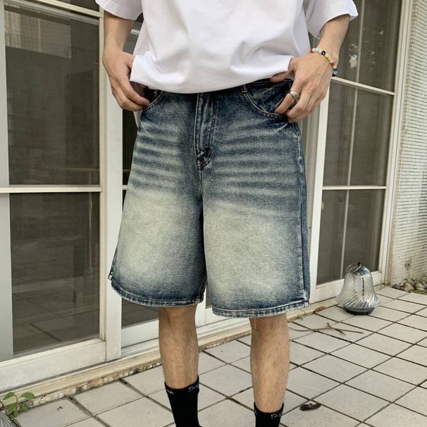Men's Retro Washed Blue Denim Shorts High End Feel Loose Fit Casual Versatile Five Point New Summer Style_mkmklike.com