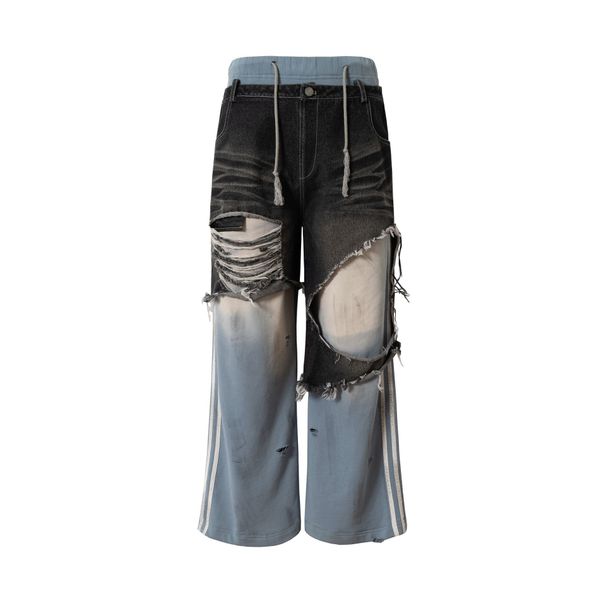 Men's Clothing American Retro Trend Hole Design Splicing Wide Leg Straight Summer Men's And Women's Personalized Denim Trousers_mkmklike.com
