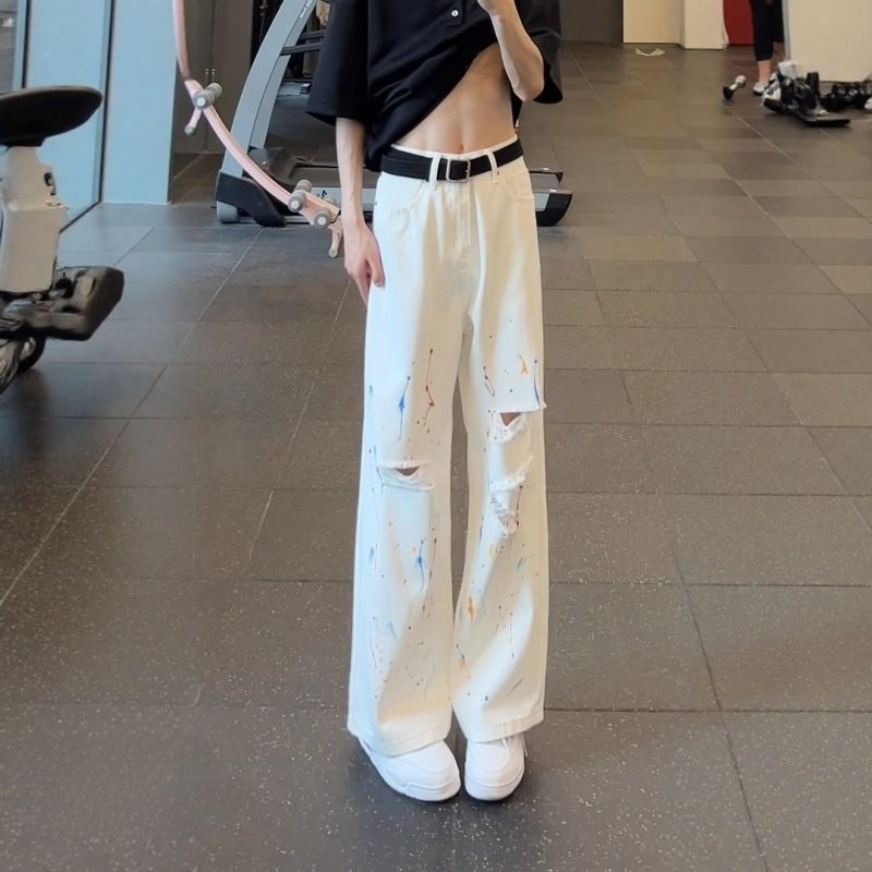 Men's Clothing Streetwear Ripped Distressed Ink Splash Wide Leg Jeans - High Street Loose Fit Straight Long Pants For Casual Streetwear_mkmklike.com