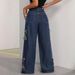 Star-Patched Fringe Hem Relaxed Fit Jeans – High-Waisted Straight-Leg Denim Pants For Women (Blue)_mkmklike.com
